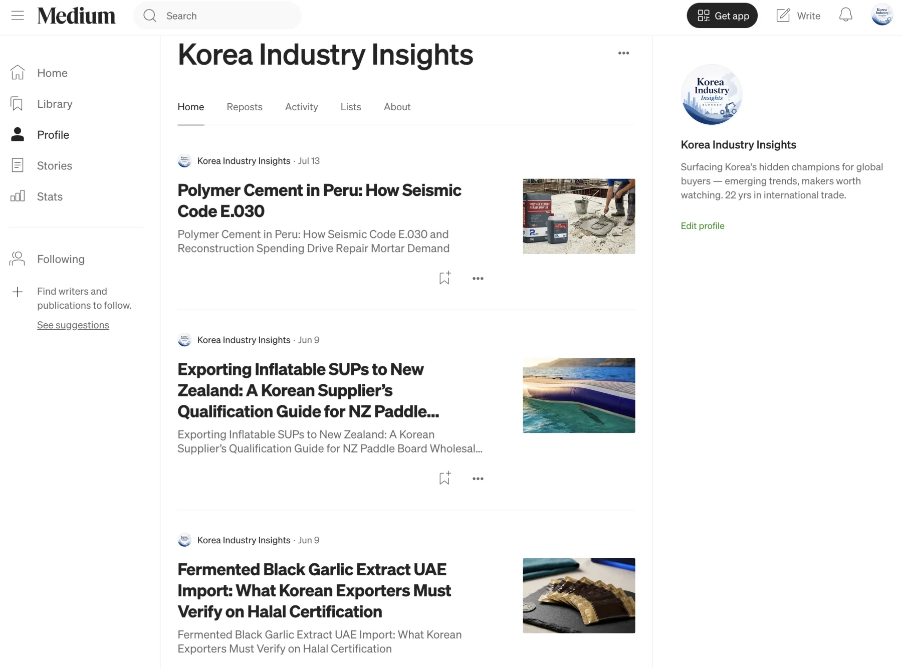 Medium 채널 화면 — Korea Industry Insights 퍼블리케이션에 발행된 영문 수출 인사이트 글 목록